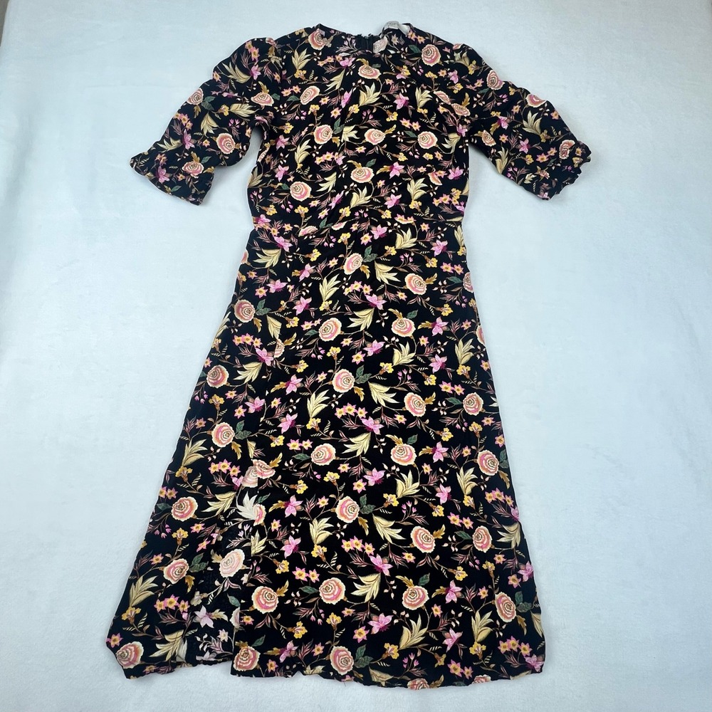 LOFT Petite Floral Midi Dress Women's 2P Black Pink Puff Sleeve Side Slit